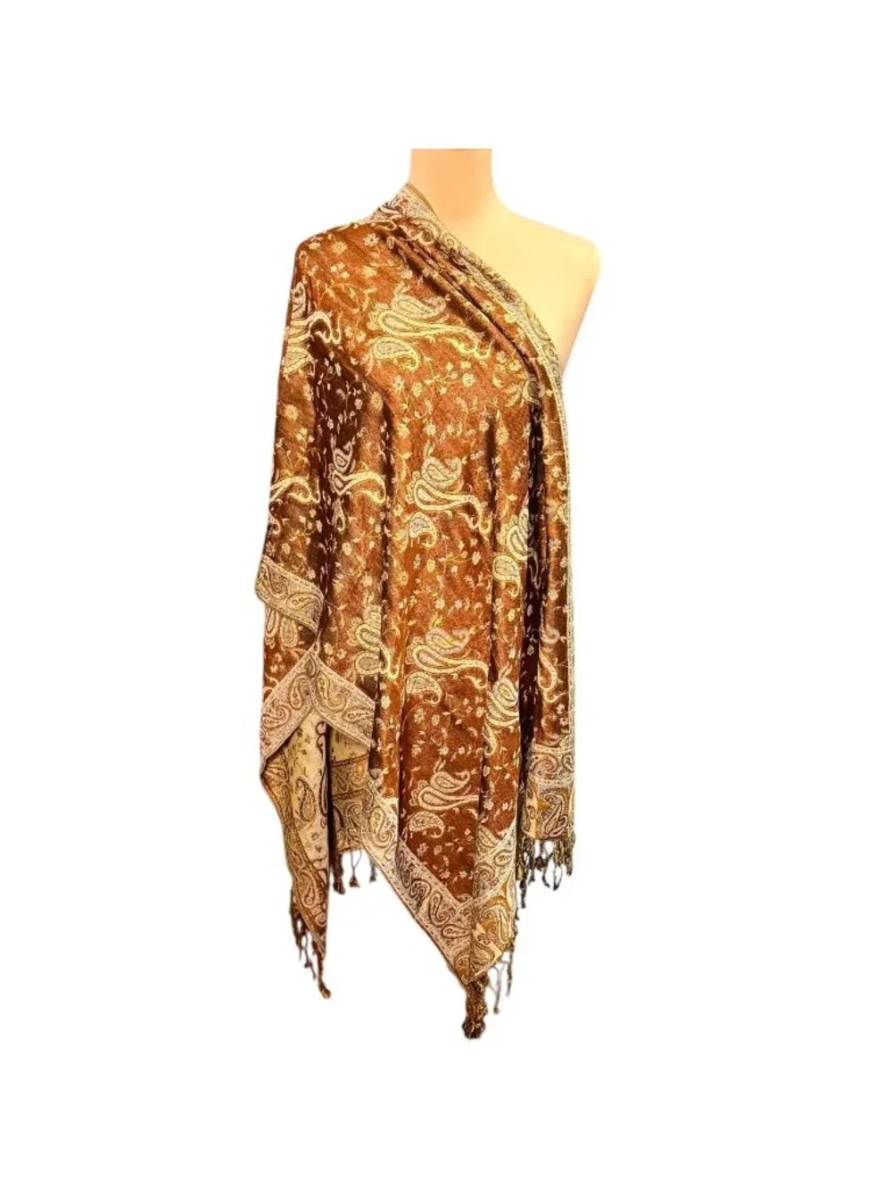 New Large Paisley Scarf Wrap Pashmina Brown Cream Fringe Classic
